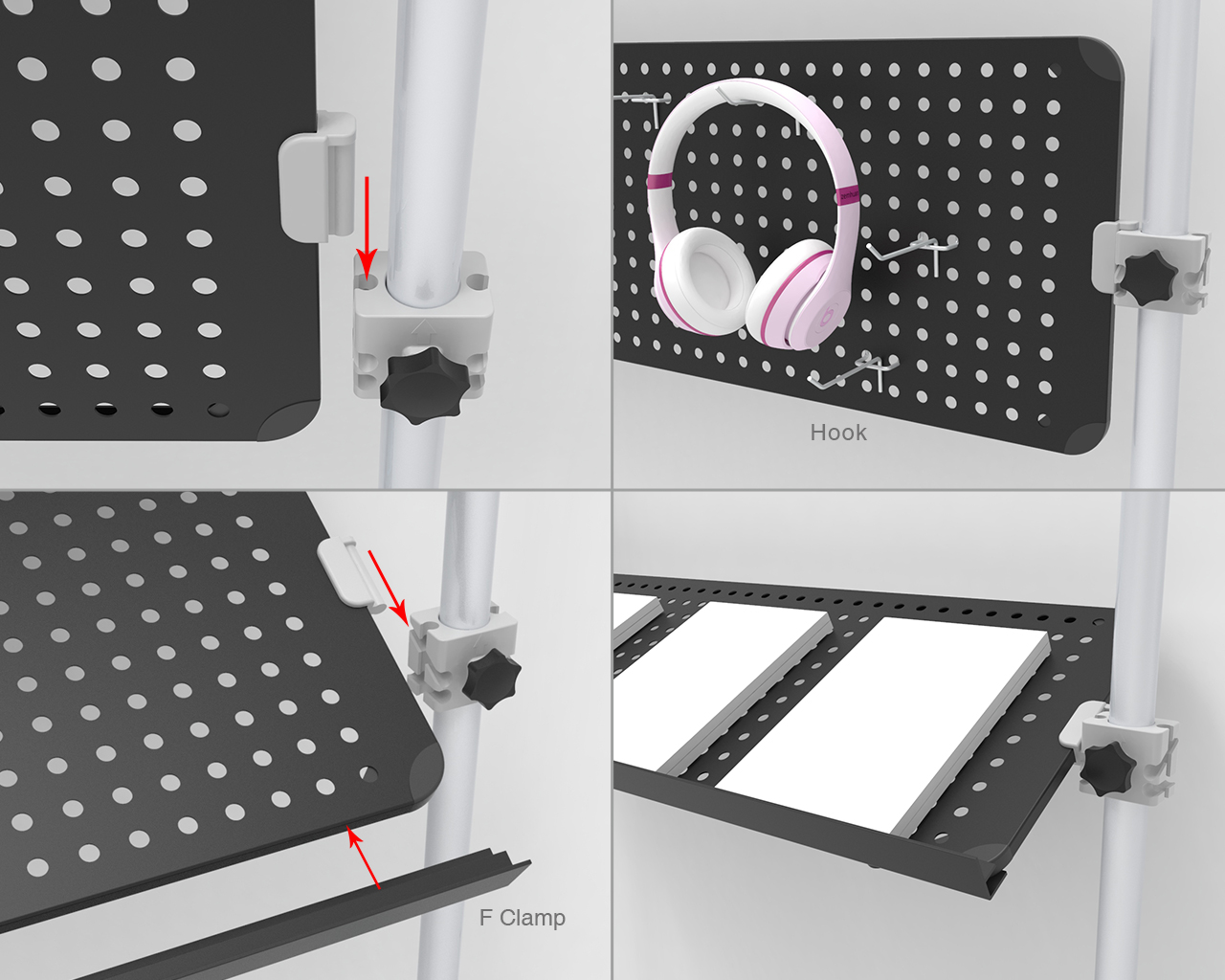 Pegboard trade show display with mounted employee time clocks
